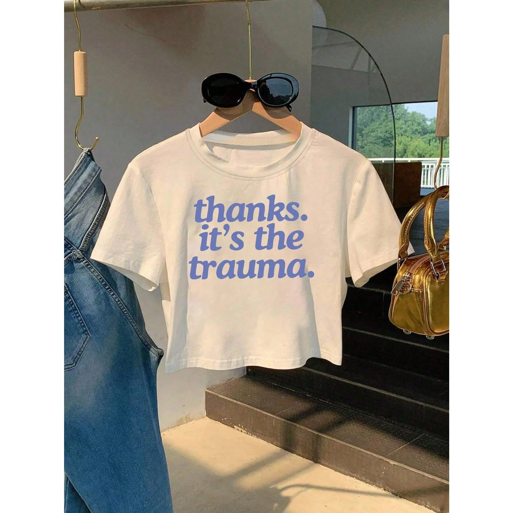 Women's Graphic T-Shirt With Slogan "Thank You, This Is Trauma" Y2K Style Short Tee, Plus Size