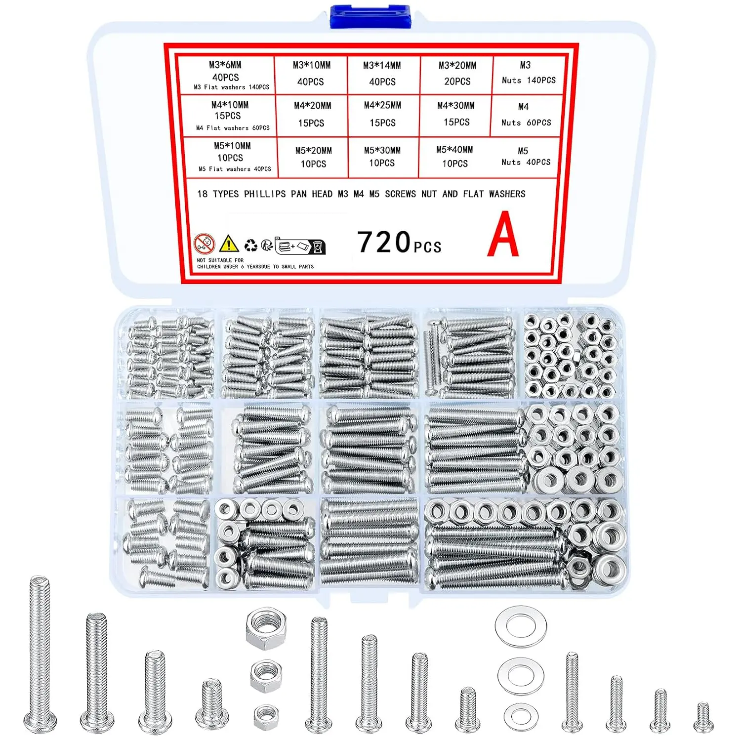 720 count Nuts and   Kit, M3 M4 M5 Carbon Steel Screws  and Nuts and Washers  Set,   Pan  Machine Screws Set, with Storage Case