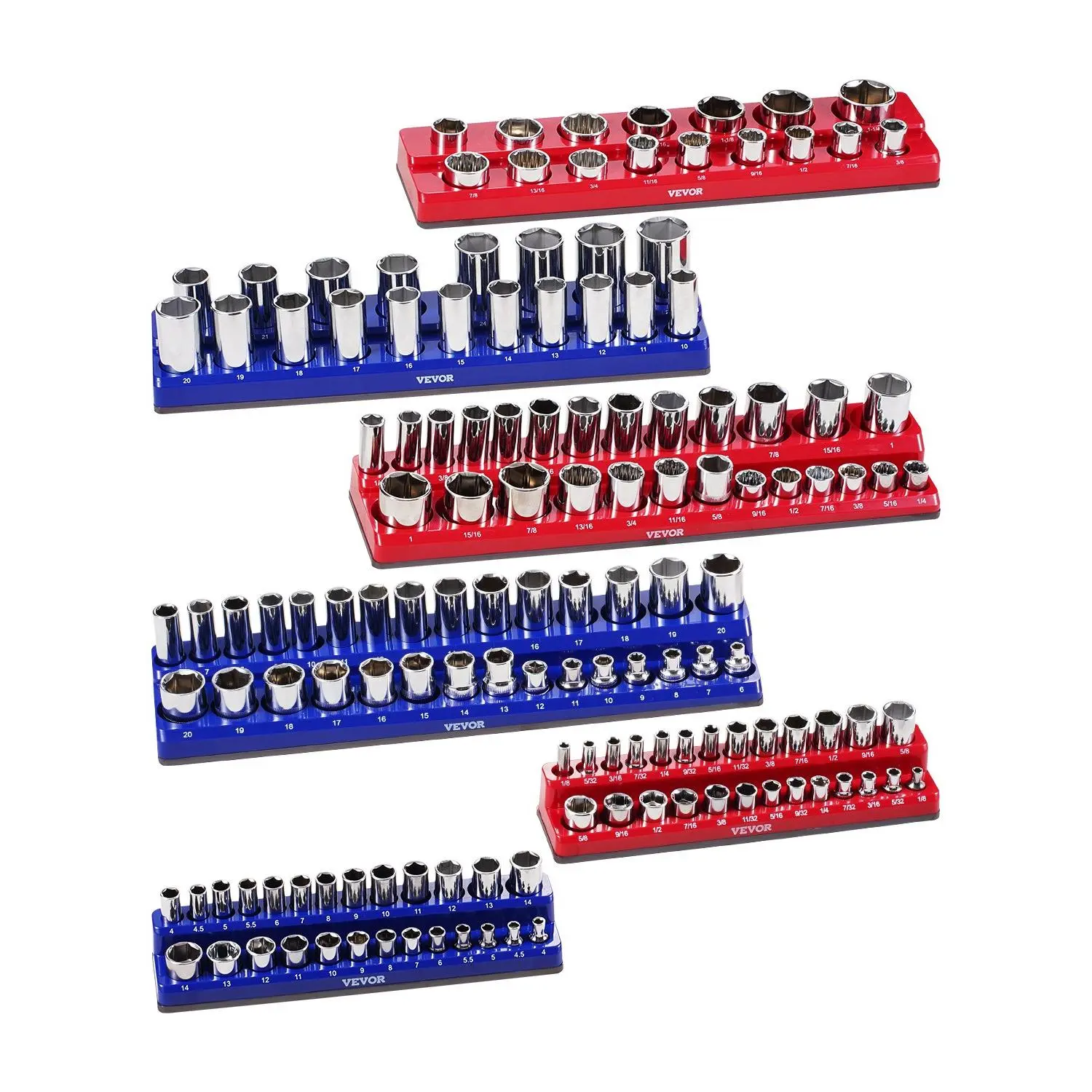 VEVOR Magnetic Socket Organizer Set, 6PCS Socket Holder, 1/4'', 3/8'' 1/2'' Metric SAE Socket Trays with Clear Labels, Hold up to 143PCS Standard Deep Sockets, Blue Red (Sockets Not Included)