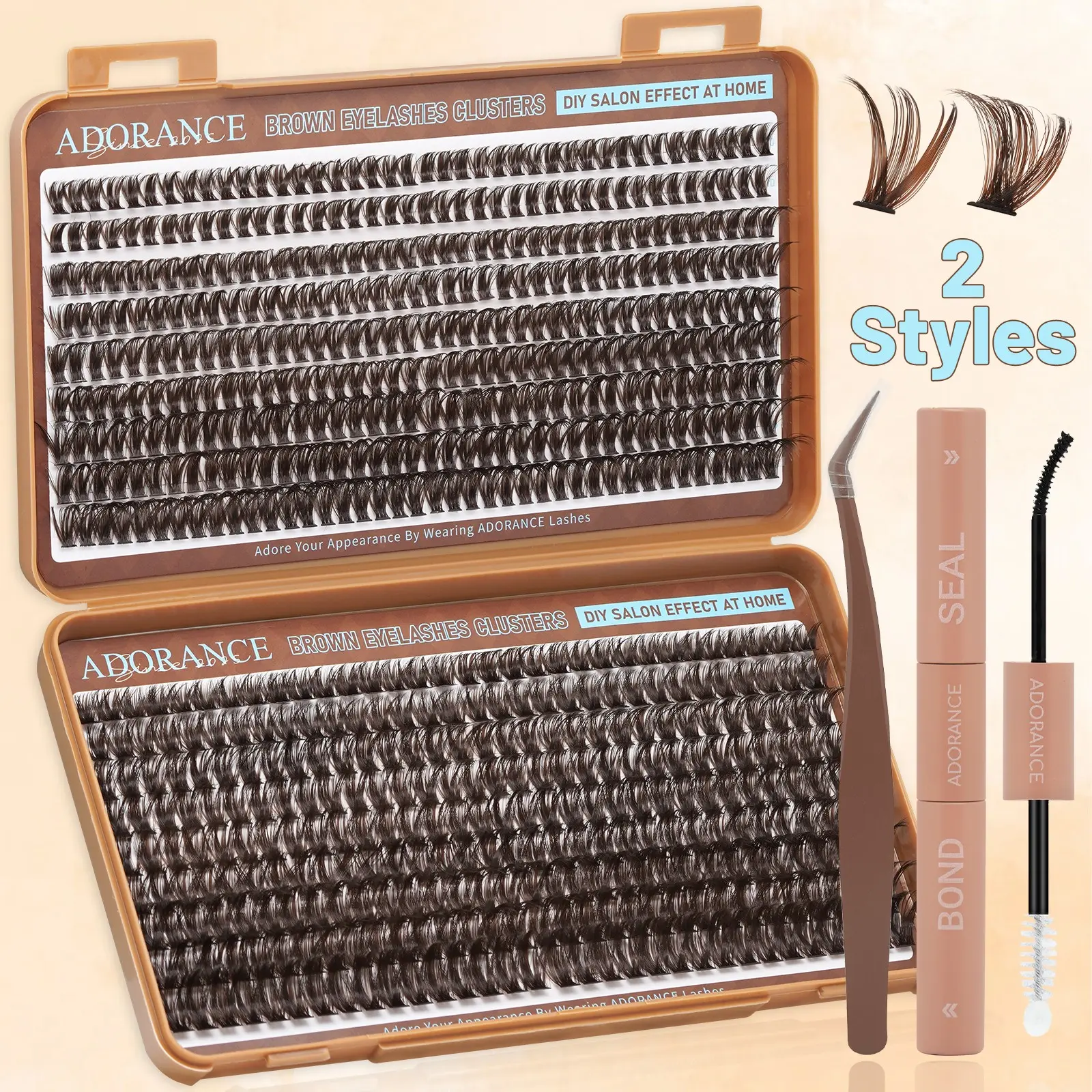 ADORANCE Brown Lash Clusters Kit 648PCS, D Curl Makeup Eyelash Extensions 10-18mm Mixed Length, 60D & 100D Wispy Fluffy Individual Lashes with Bond & Seal, Lash Applicator, Lightweight Soft Band DIY Lash Extension Kit