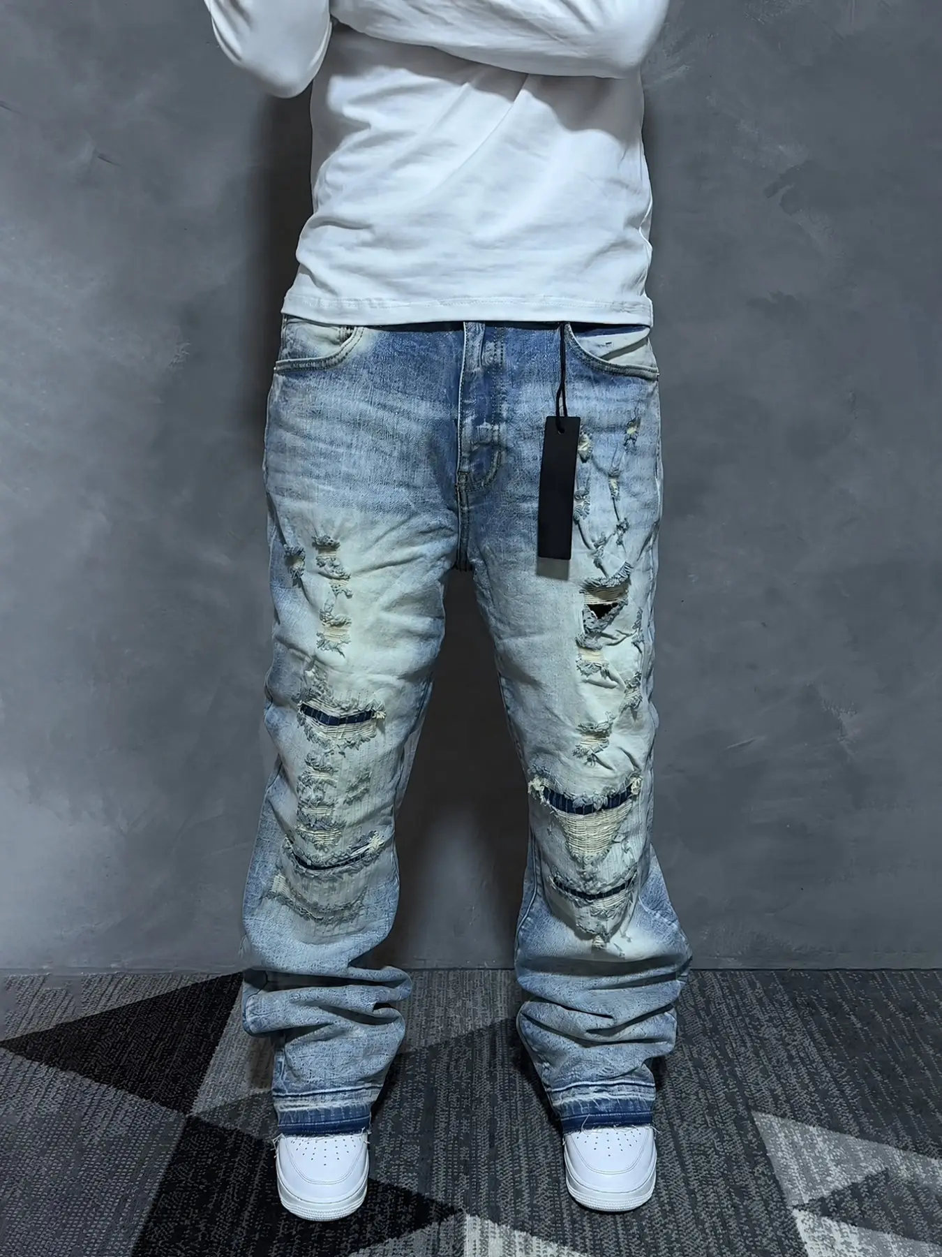 Men's Micro Flare Jeans Pants, Loose-Fit Button Fly Denim, Y2K Washed Patchwork Streetwear, All-Season Solid Pattern, Unlined Plain Surface