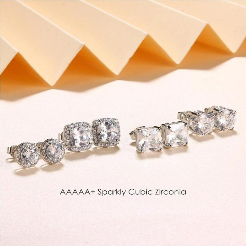 FINREZIO 4 Pairs Cubic Zirconia Stud Earrings White Golden Hypoallergenic Earrings Brilliant Large Halo Stud Earrings for Women Men Daily