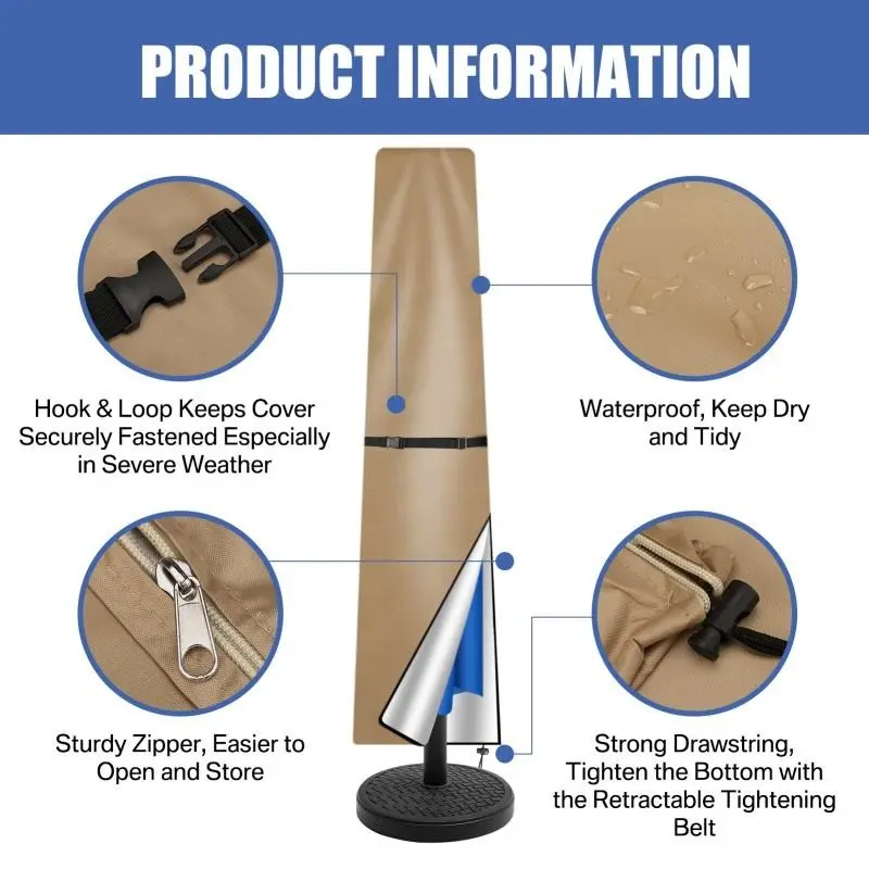 Patio Umbrella Waterproof Cover, Hook & Loop Fastener, Sturdy Zipper, Drawstring Belt, Weatherproof Dustproof, Outdoor Parasol Storage