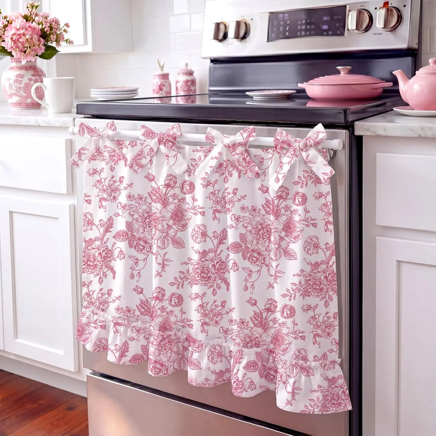 White  Floral Oven Skirt Curtain for Kitchen Decor 29 x 19 Inch  Oven Skirt Curtain Dust Proof Dishwasher Curtains Skirts  with Charming Ruffle Trim