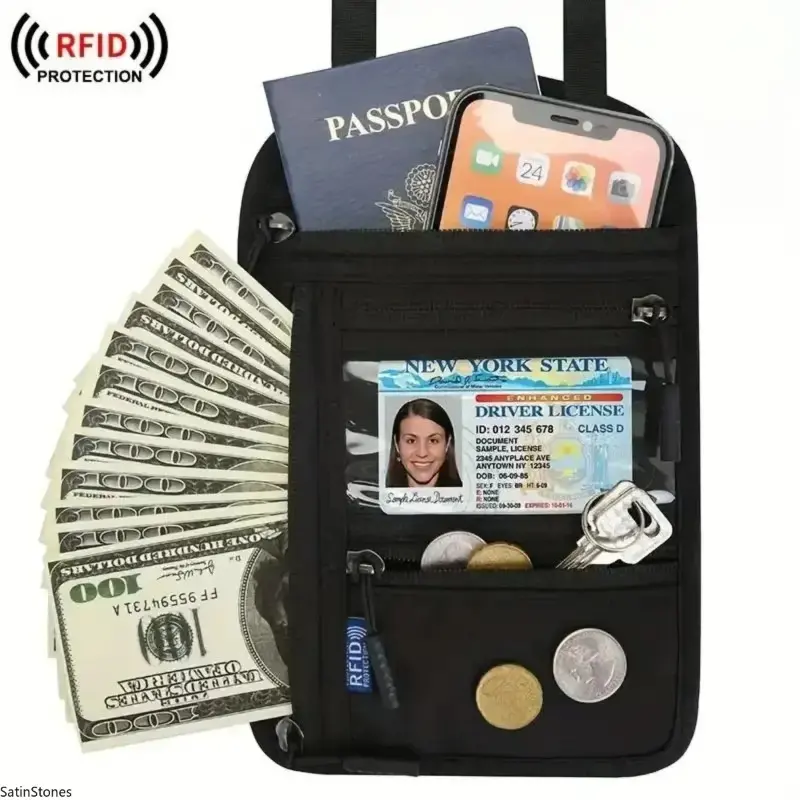 Lightweight Crossbody Neck Wallet, RFID Protected Nylon Travel Pouch with 5 Pockets, Breathable Back & Adjustable Strap, Rfid Protected Wallet, 9.1"(H) X 5.9"(W) X 0.2"(D), Adjustable Shoulder Strap, Business, Anniversary