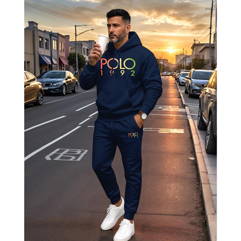 Men's Polo Pattern Print Hoodie and Drawstring Sweatpants Set, Menswear, Casual Athletic Long Sleeve Hooded Jacket & Trousers for Fall & Winter, Men's Clothing for Daily Wear, Sportswear Indoor Outdoor, Tracksuit, Athleisure