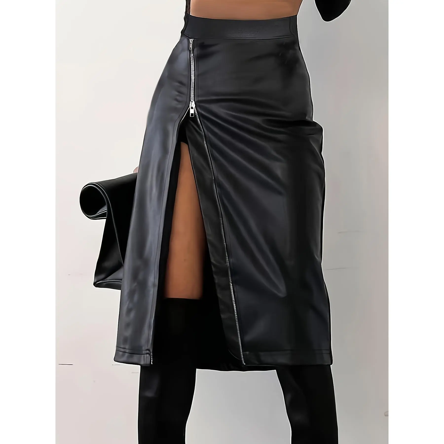 Women's High Waist Jersey Knit Fitted Skirt - Solid Fabric Bottoms, Stretchy Waistline, Zipper Detail, Ideal for Spring, Summer - Belt Not Included, Stretchy Waistline Skirts, Universal Fit Skirts