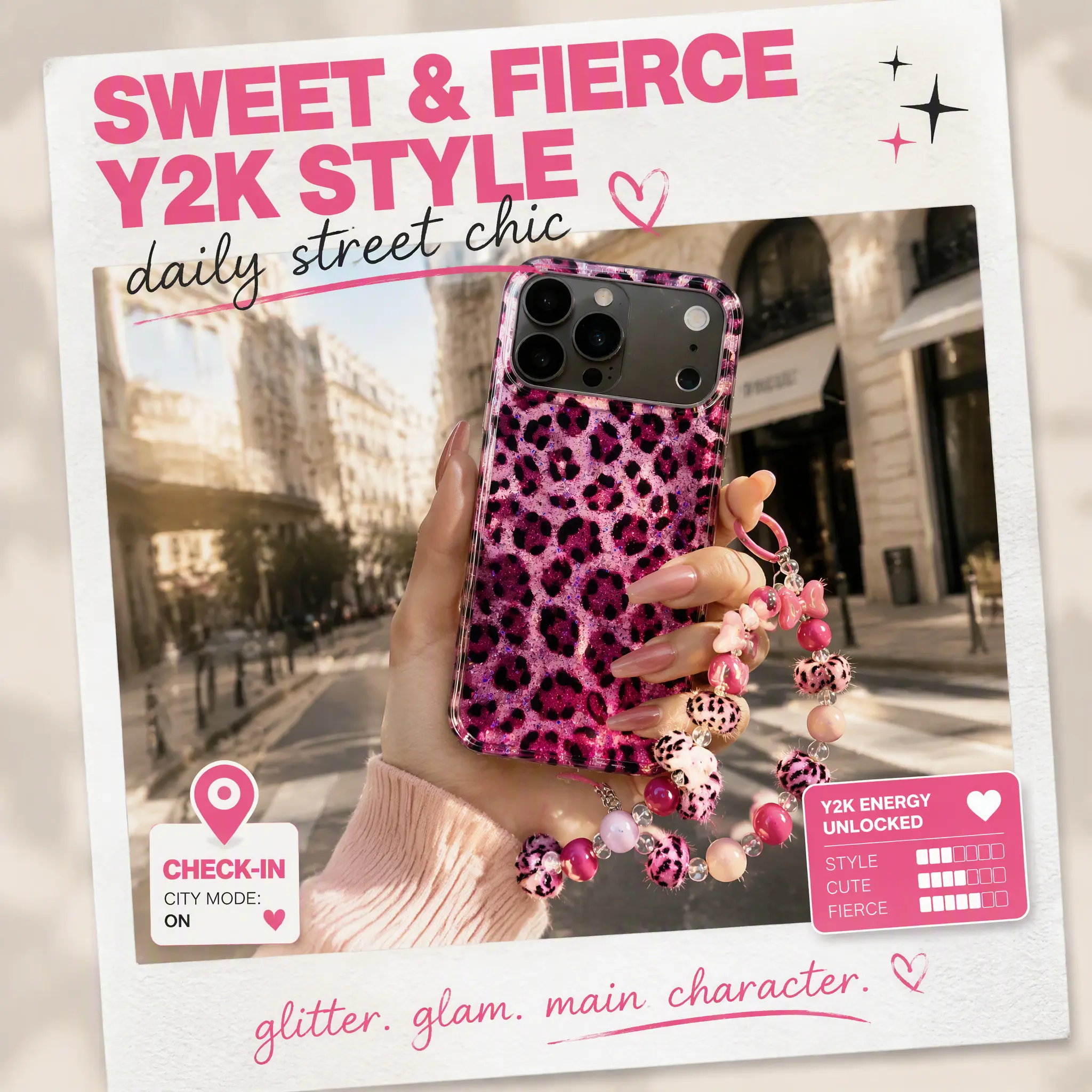 Glitter Hot Pink Leopard Print Phone Case with Beaded Bow Fluffy Wrist Lanyard, Y2K Aesthetic Gift Protective Shockproof Cover Protector Guard, for Teen Girls, Compatible with iPhone 14-17 Series Protective Covers