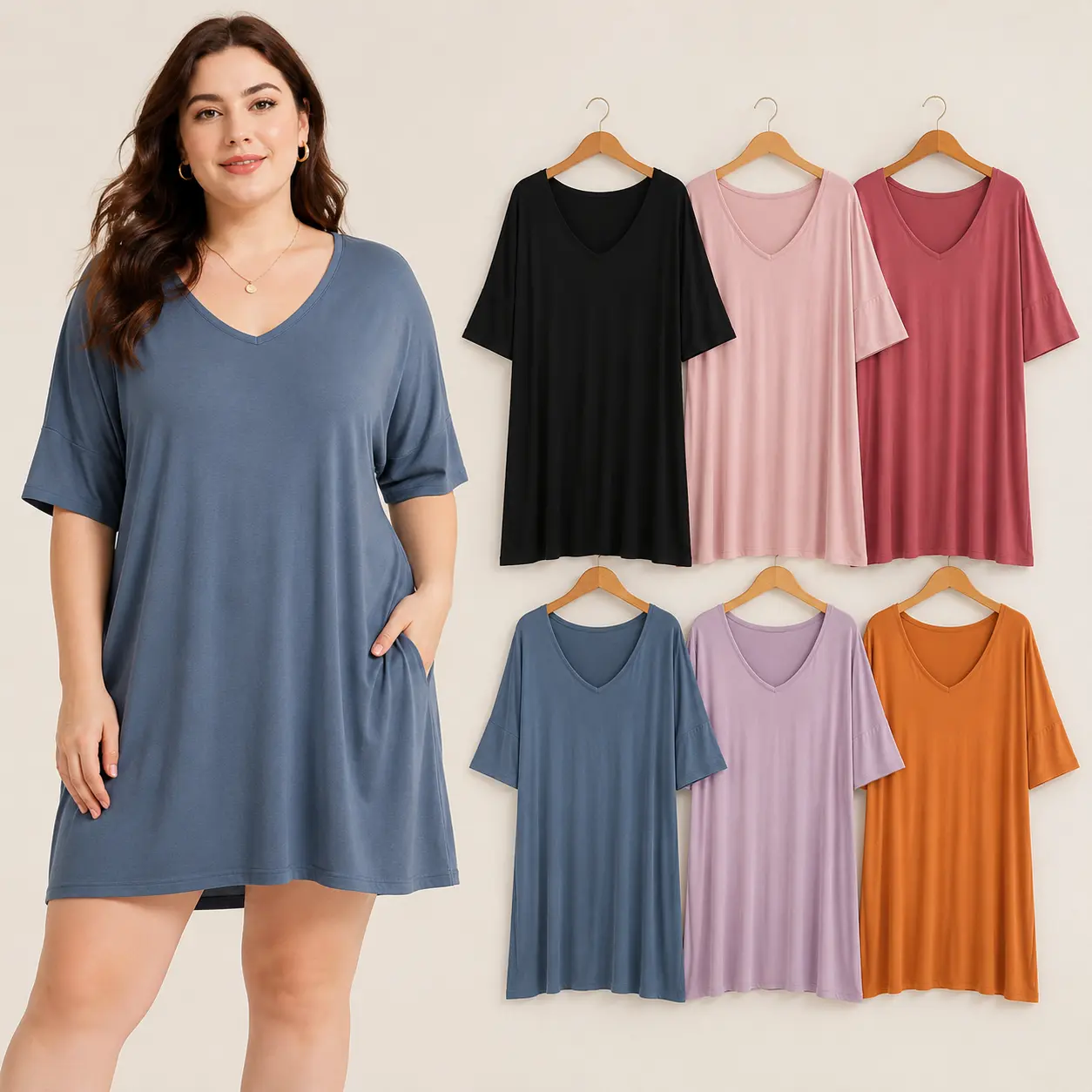 Plus Size Sleep Shirt for Women Loose V Neck Mid Sleeve Nightgown, Soft Lightweight Stretch Pajama Dress Casual Home Loungewear for Everyday Sleepwear