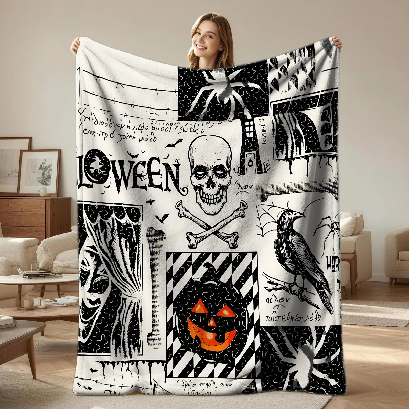 Skin-Friendly Flannel Blanket With Vintage Gothic Halloween Skeleton Print, Portable Throw Blanket For Sofa Bed, Plush Warm Blanket For Cool Autumn Nights, Unique Gift Blanket For Halloween Indoor Rest & Daily Use