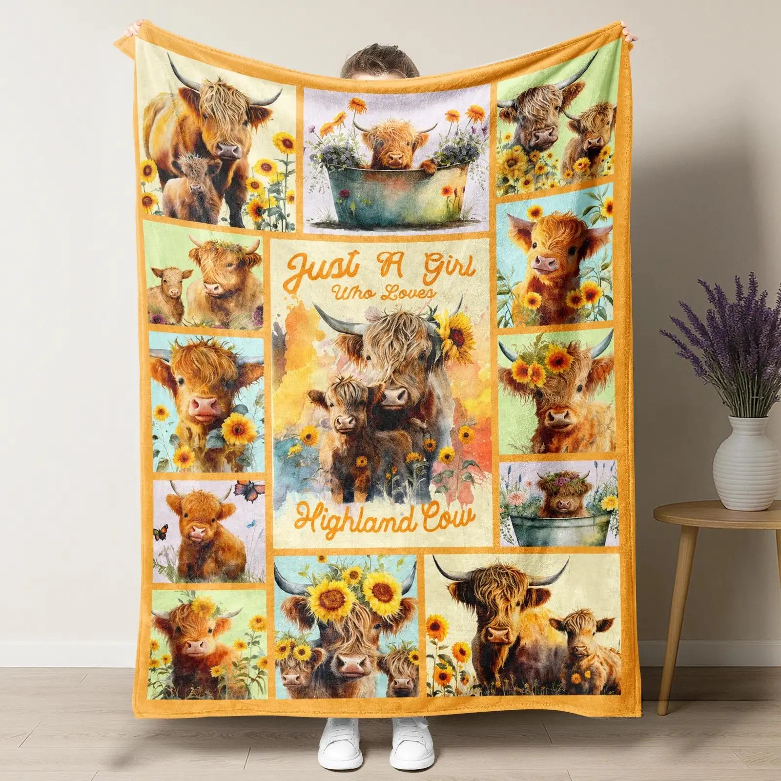 Just A Girl Who Loves Highland Cow Throw Blanket,Sunflower Patchwork Grid Highland Cow Family Watercolor Print Soft Fluffy Fleece Blanket, Country Farmhouse Cottagecore Decor Cozy Sofa Bed Blanket Gift For Cowgirl
