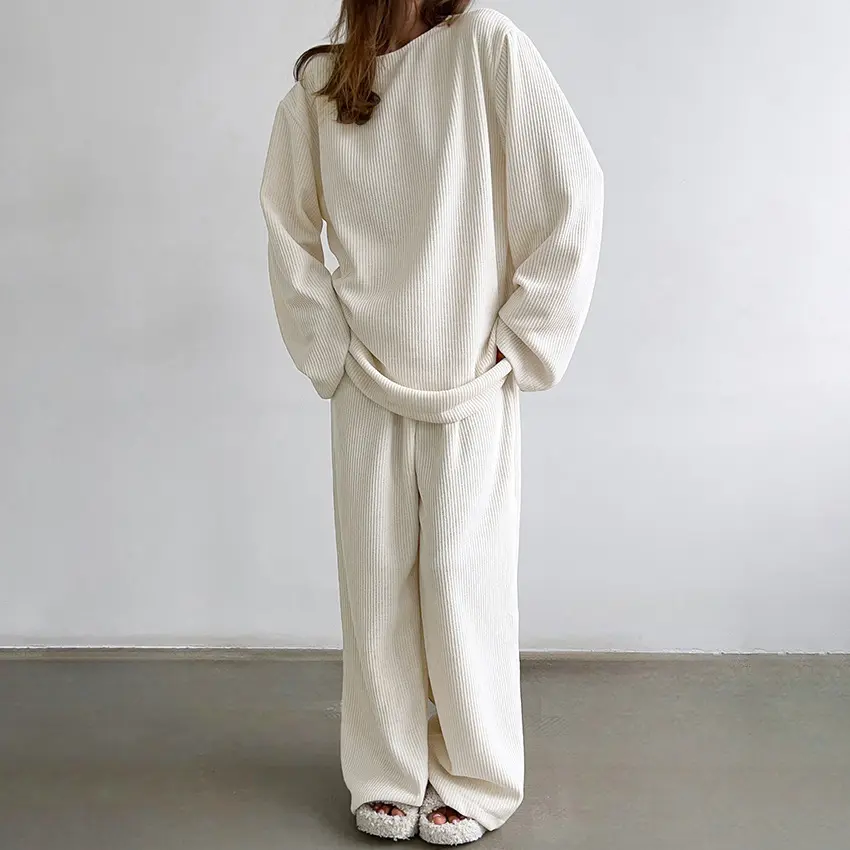 Women's 2-Piece Waffle Knit Pajama Set - Longsleeves Crew Neck Oversized Top & Wide Leg Pants, Soft Breathable Casual Fall Winter Relaxed Fit Loungewear Sleepwear, Machine Washable