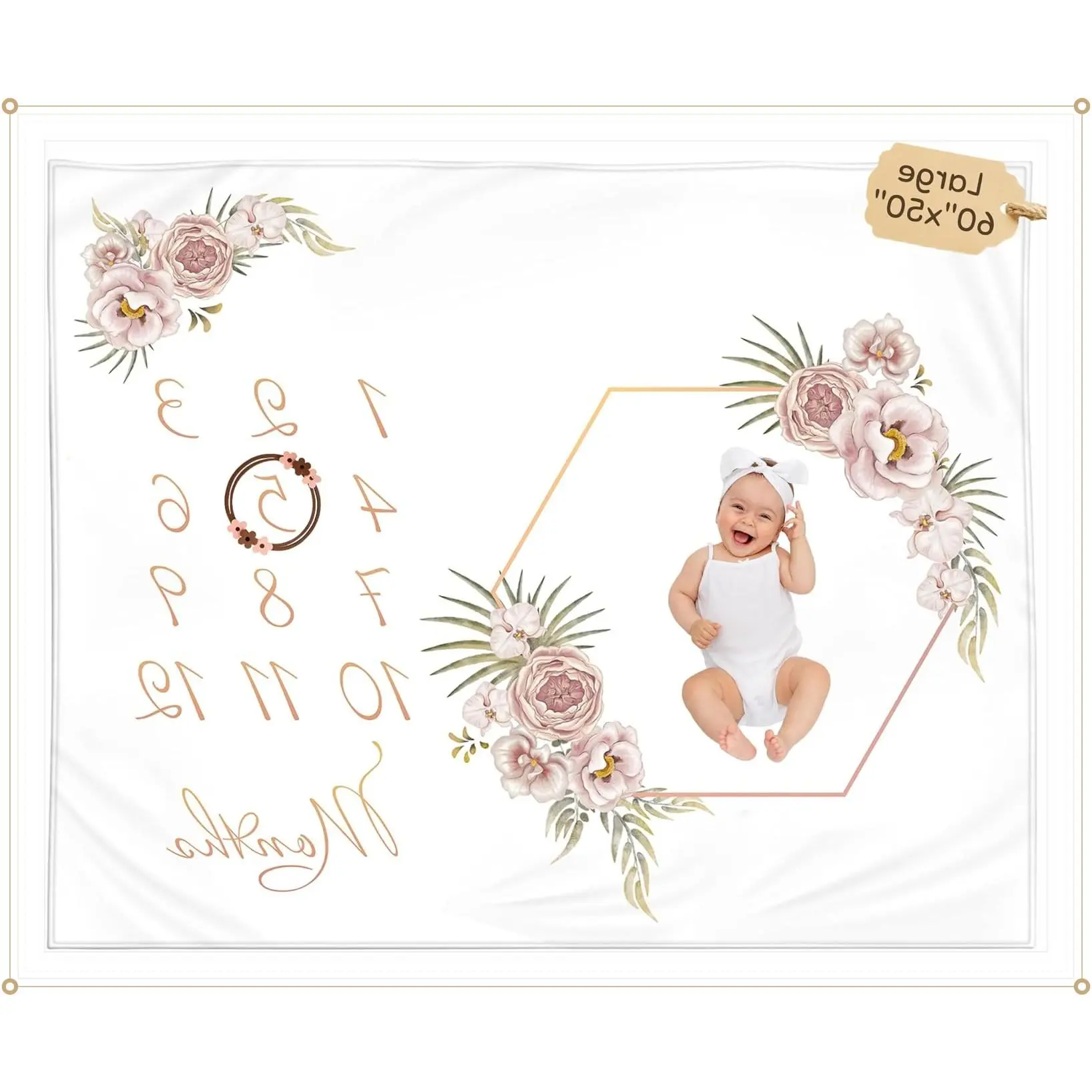 Monthly Baby Milestone Blanket 60"x50" - Elegant Boho Floral Design with Felt Frame - Track Your Baby's Monthly Growth - Perfect Gender Neutral Gift for New Parents - Personalized Baby Blanket(Gift)