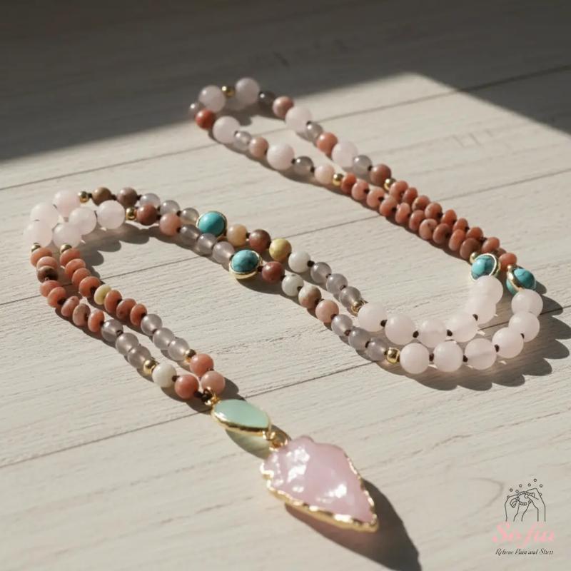 Sofia Crystal Beaded Necklace Rose Quartz Crystal Arrow Charm Necklace Gemstone Hand Knotted Necklace for Women Men Daily Use Christmas Gift, Xmas Gift.
