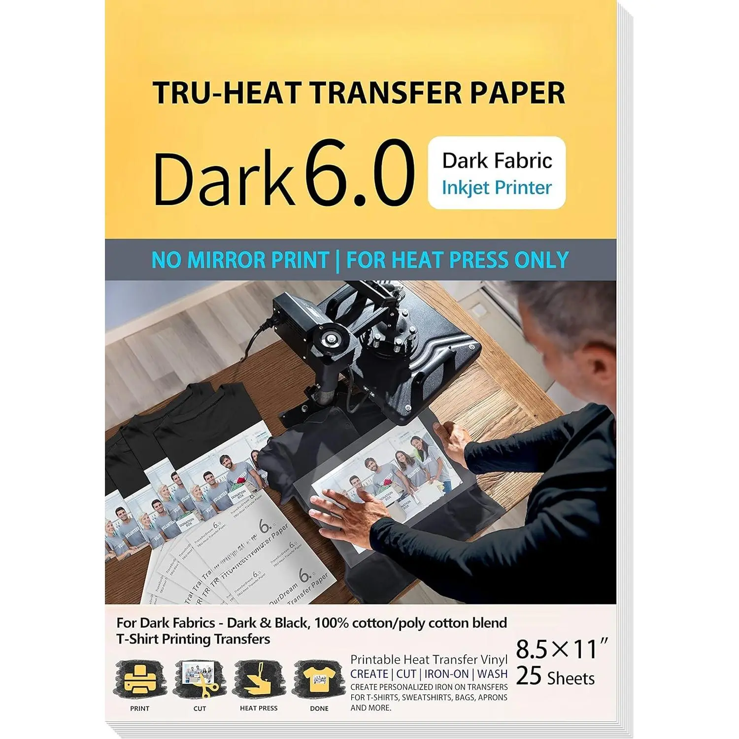 Iron  Heat Transfer Paper for Heat Press (25 Sheets, 8.5x11, Dark 6.0) Printable HTV Heat Transfer Vinyl for T Shirts,Inkjet Printer (TRANS-D6-20)