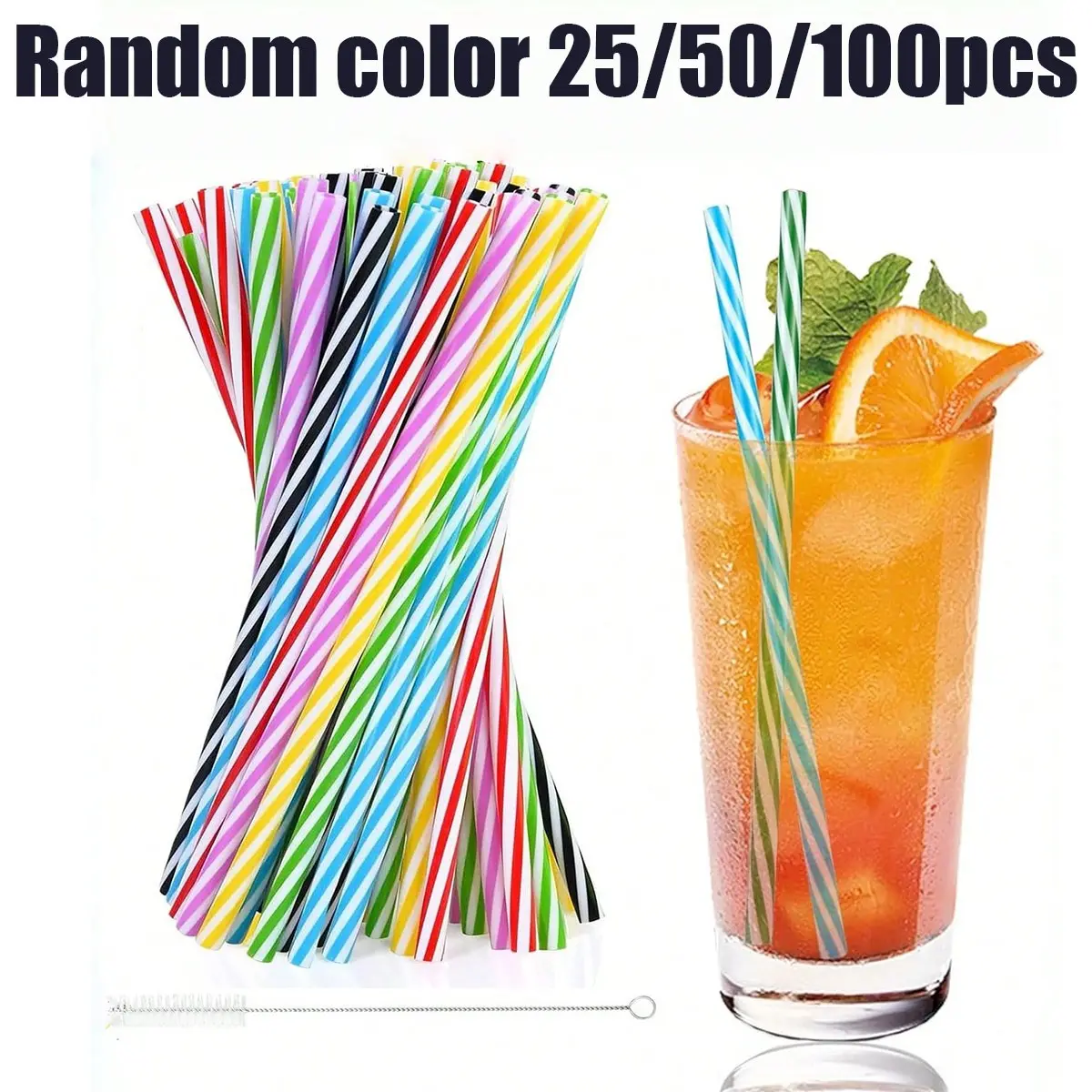 Reusable Colorful Plastic Straws, 25/50/100 Pack, Includes Straw Brush, Ideal for Cocktails, Smoothies, Juices, Hot Drinks, 9.05 Inches Long