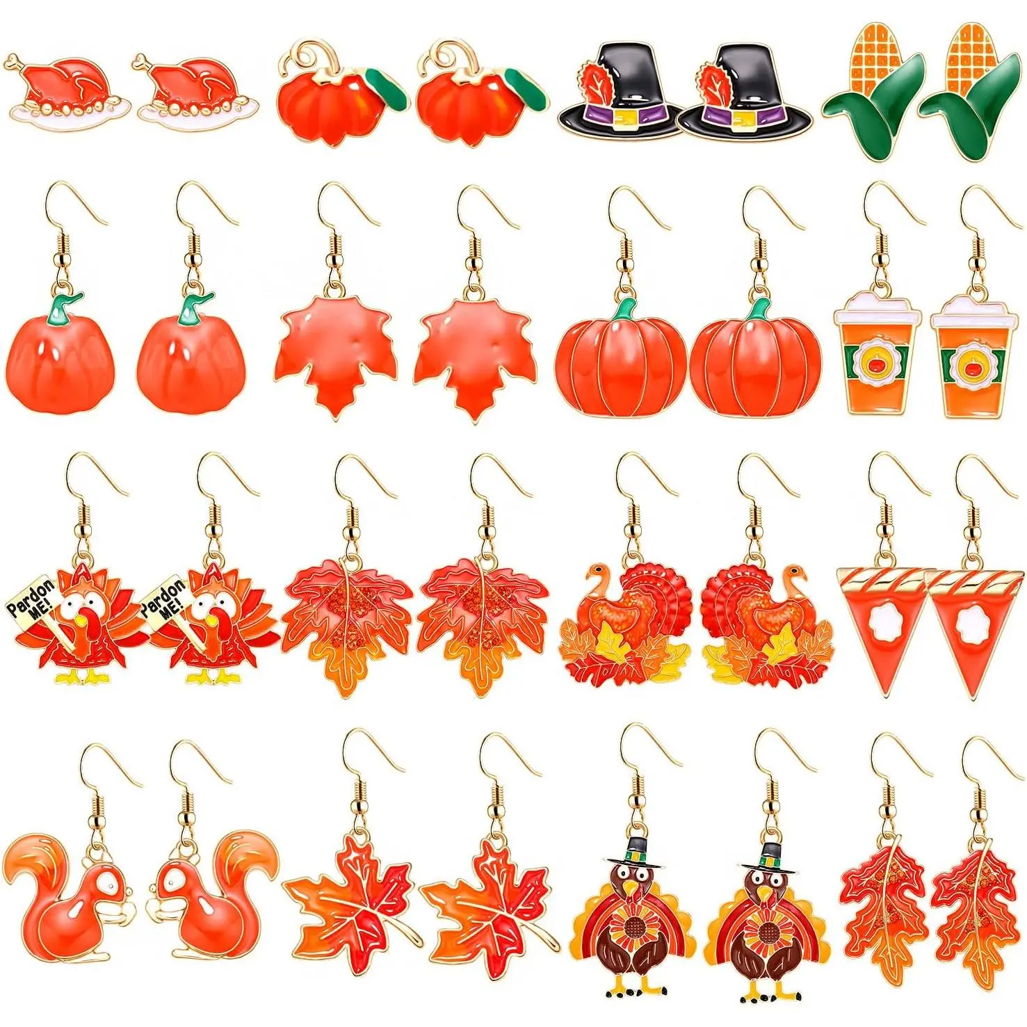8-16 Pairs Thanksgiving Earrings for Women, Fall Earrings Set Harvest Pumpkin Turkey Maple Leaf Dangle Earrings Autumn Party Earrings Holiday Gifts