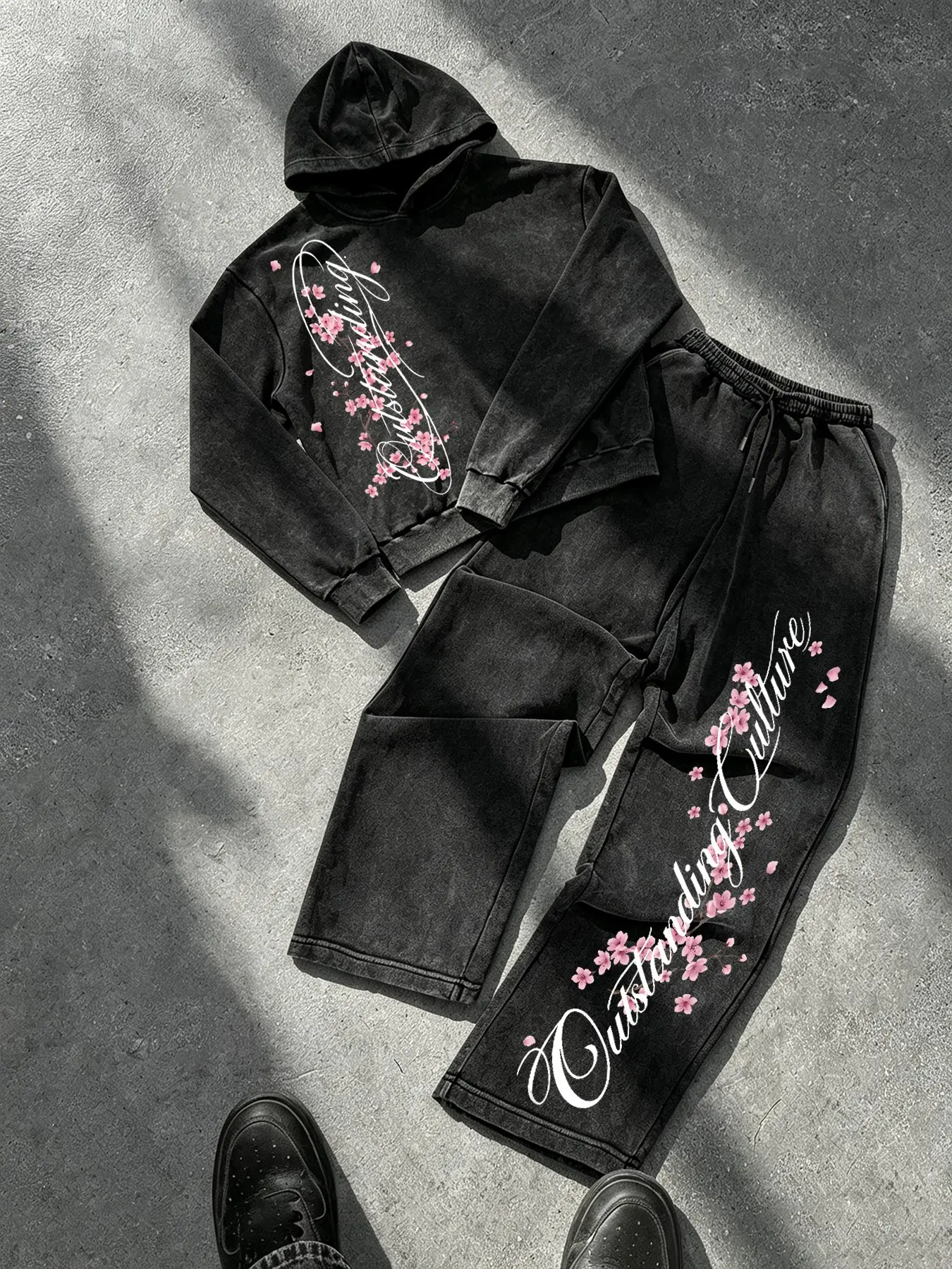 Oversized Acid Wash Graphic Matching Set Comfort Streetwear | Sakura Cherry Blossom Printed Hoodie and Wide Leg Sweatpants Outfit for Cozy School & Lounge Wear