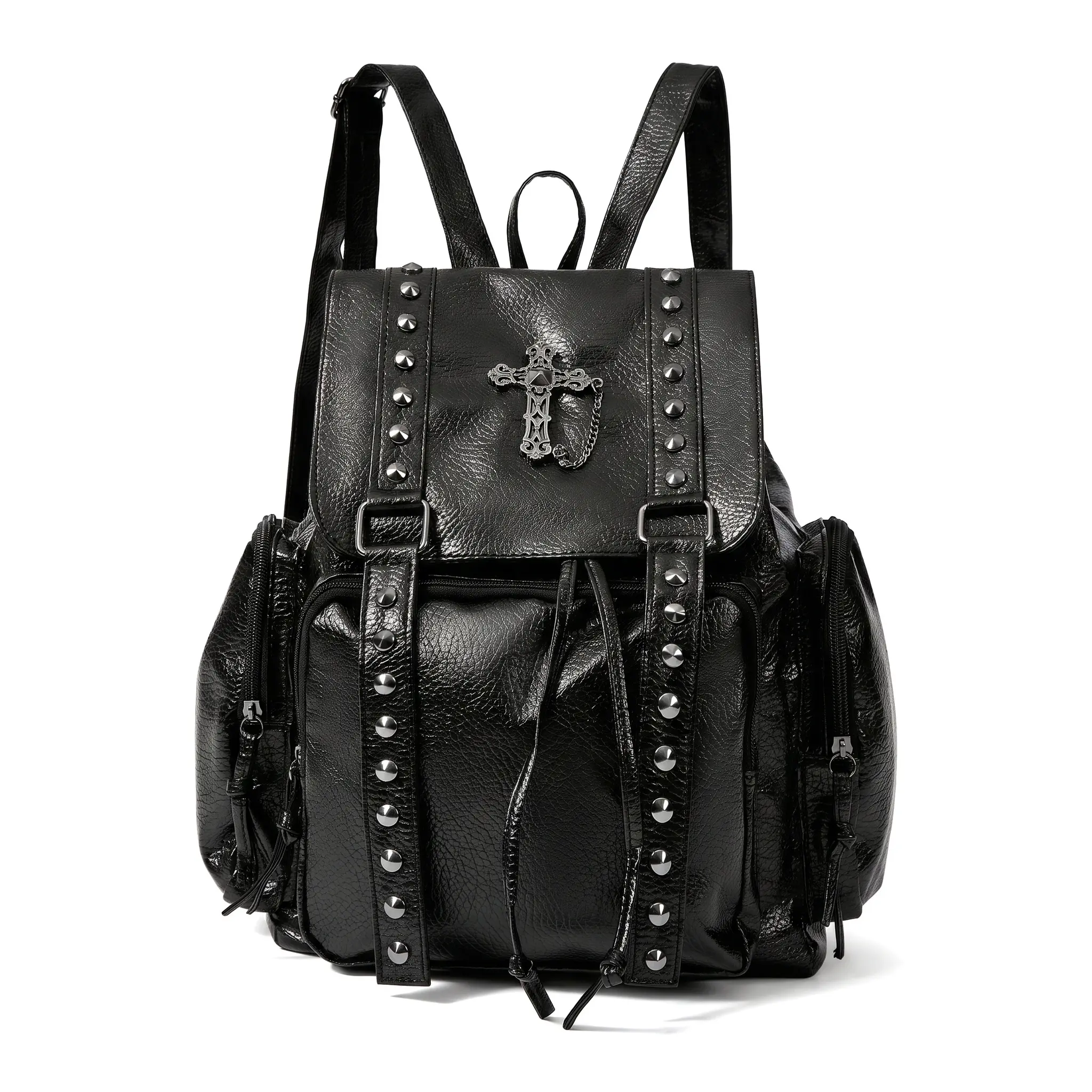 Washed Lychee Textured PU Leather Motorcycle Backpack With Rivets Cross Design Large Capacity Women Bag Daily Carry Soft Sleek Organizer Pockets Phone Document Zipper Hidden Compartment Medium Size Square Shape Casual Essential For Teens Young Adults
