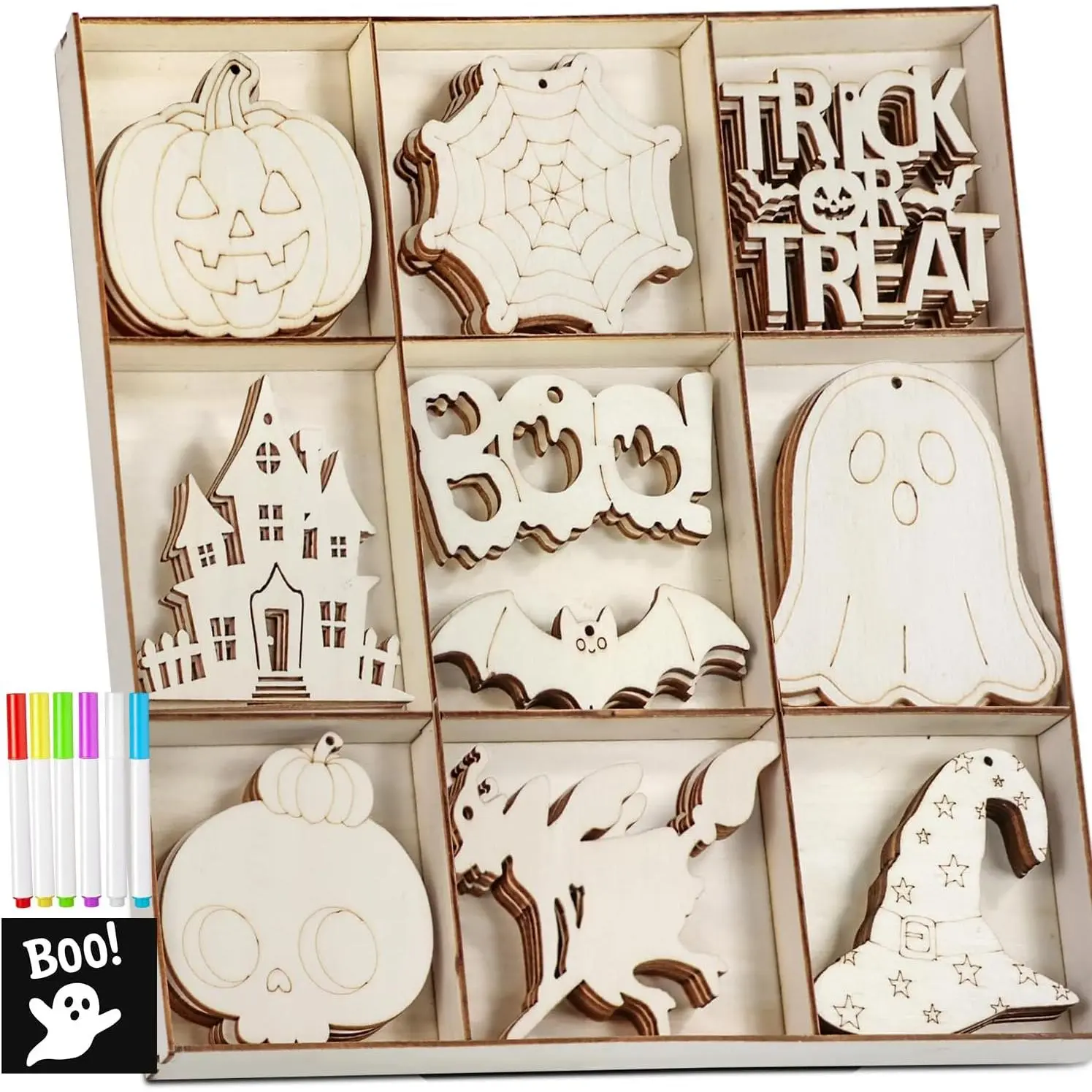 45 count 10 Designs Halloween Unfinished Paintable Blank with Tray | DIY Predrilled Wooden Ornaments for Crafts with Watercolor Pens.  Bat Pumpkin  Skull Trick or  Birthday