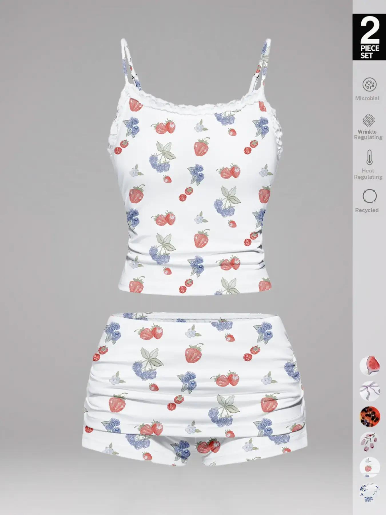 Women's Cherry Print Floral Cami Top & Shorts Pyjama, Casual Comfy Ruffle Trim Camisole & Shorts Pj Set, Ladies Sleepwear for Summer, Pajamas, Womenswear, Loungewear