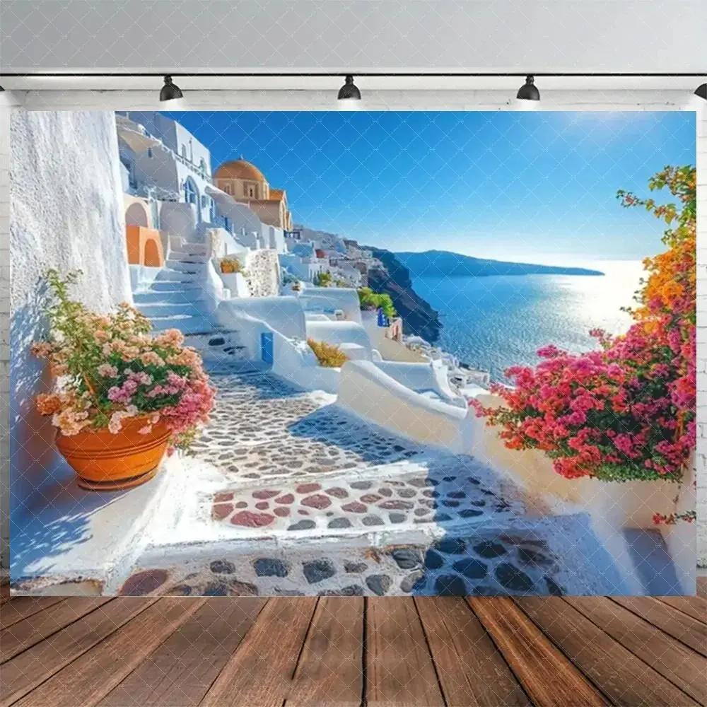 Nordic Santorini Greek Scenery Backdrop Background Cloth, Island Seaside Tapestry Wall Hanging Photography Background Premium Polyester Fabric, Aesthetic Room Decor, Living Room Wall Art, Party Setup, Studio Background