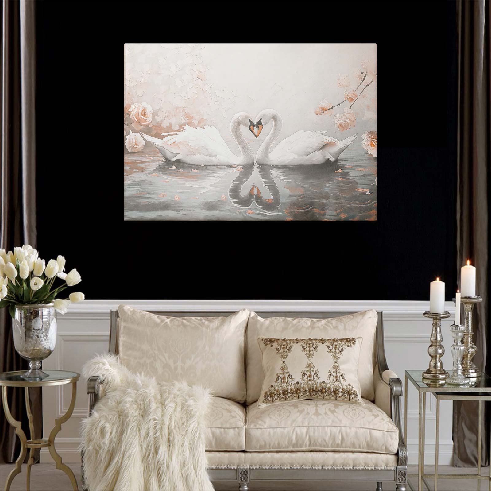 Romantic Swans Heart Oil Painting Canvas Wall Art, Elegant Swan Couple Print, Pink Rose Floral Decor, Aesthetic Bedroom/Living Room Art, Perfect Wedding/Anniversary Gift