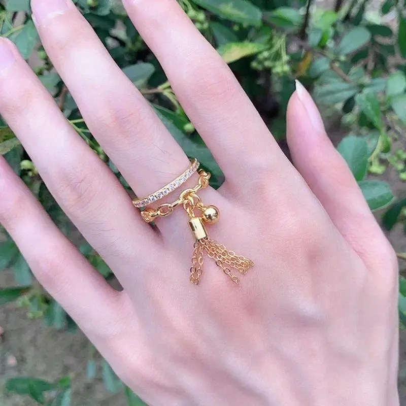 Adjustable Open Ring Dangling Chain Tassel Band Ring Gift Link Chain Tassel Ring Zirconia with Pendant Finger Кольцо