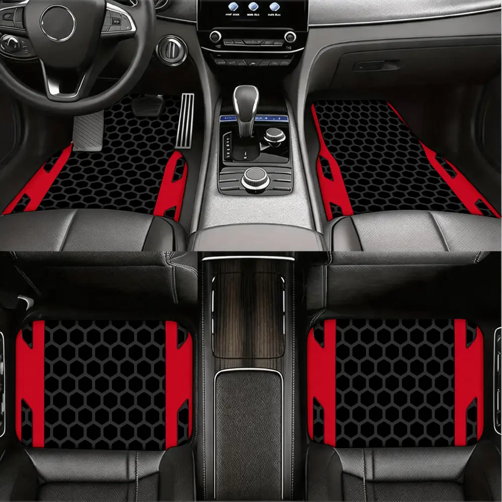 Sporty, Car Floor Mats, Hexagon Pattern With Red Accents, Durable Rubber Non-Slip Material, Universal Fit For Sedan And Suv Drivers, 4-Piece Set Front And Rear