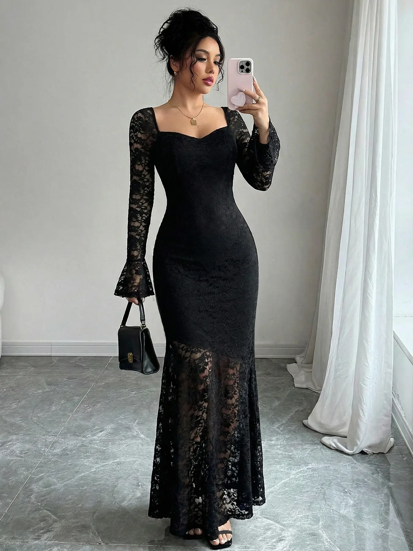 Elegant Women's Lace Sheer Square Neck Backless Bodycon Mermaid Long Statement Dress, Party Formal Wear Evening Gown, Birthday Gift