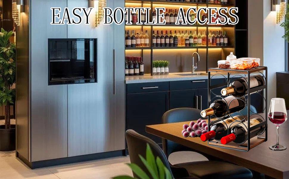 SUOERNUO Wood Countertop Wine Rack No Assembly Needed 6-Bottle Capacity Black & Rustic Brown Metal & Wood Construction Rust-Resistant Powder Coating Freestanding Storage Solution