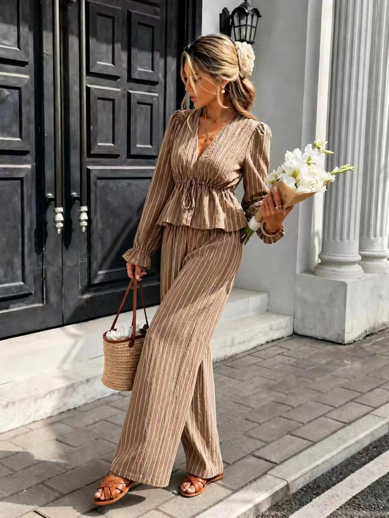 Women's Colorful Striped Linen-Style Long Sleeve Set, Two Pieces Sets, V Neck Top, Waist Cinch, Comfortable Loose Pants, Casual Daily Wear, Fall Winter