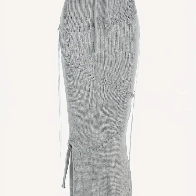 Solid Drawstring Split Side Tassel Sweater Skirt, Elegant Fashion Casual Tie Side Pencil Skirt for Daily Outdoor Wear, Women Knitwear for Spring Fall, Slit Hem Skirt