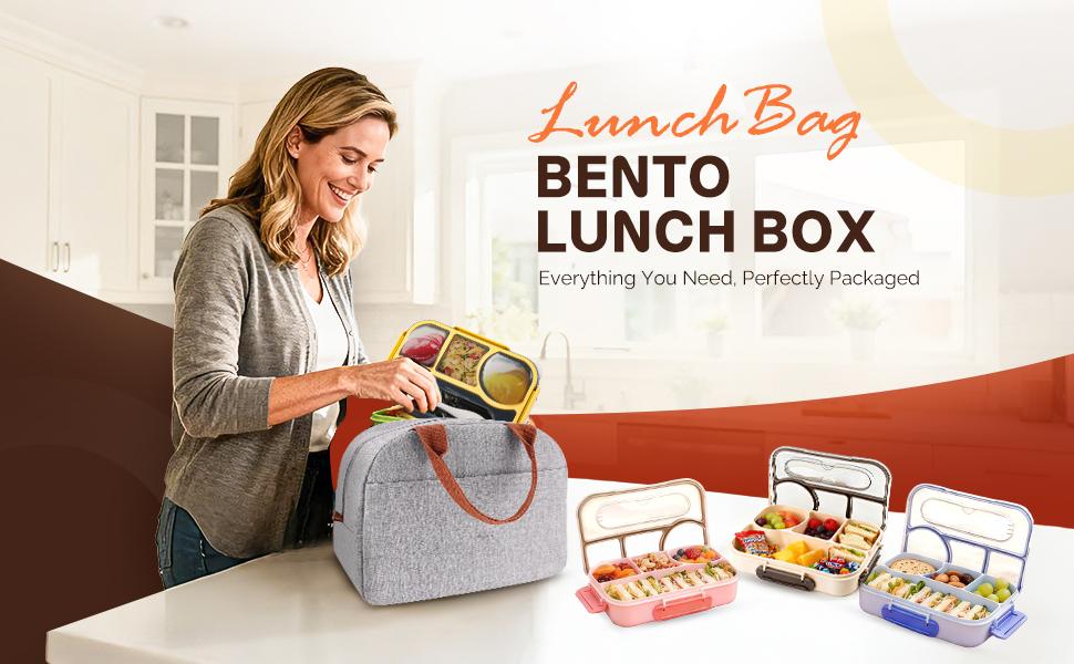 Bento Lunch Box Set Bento Box, 4-Compartment Lunch Containers,High Capacity Lunch Tote Bags for Work, Travel, Outdoor (Grey)