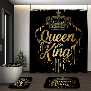 LVRLVR 4Pcs Queen & King Crown Print Luxury Black & Gold Multi-Color Shower Curtain Set 70.8×70.8 Inch