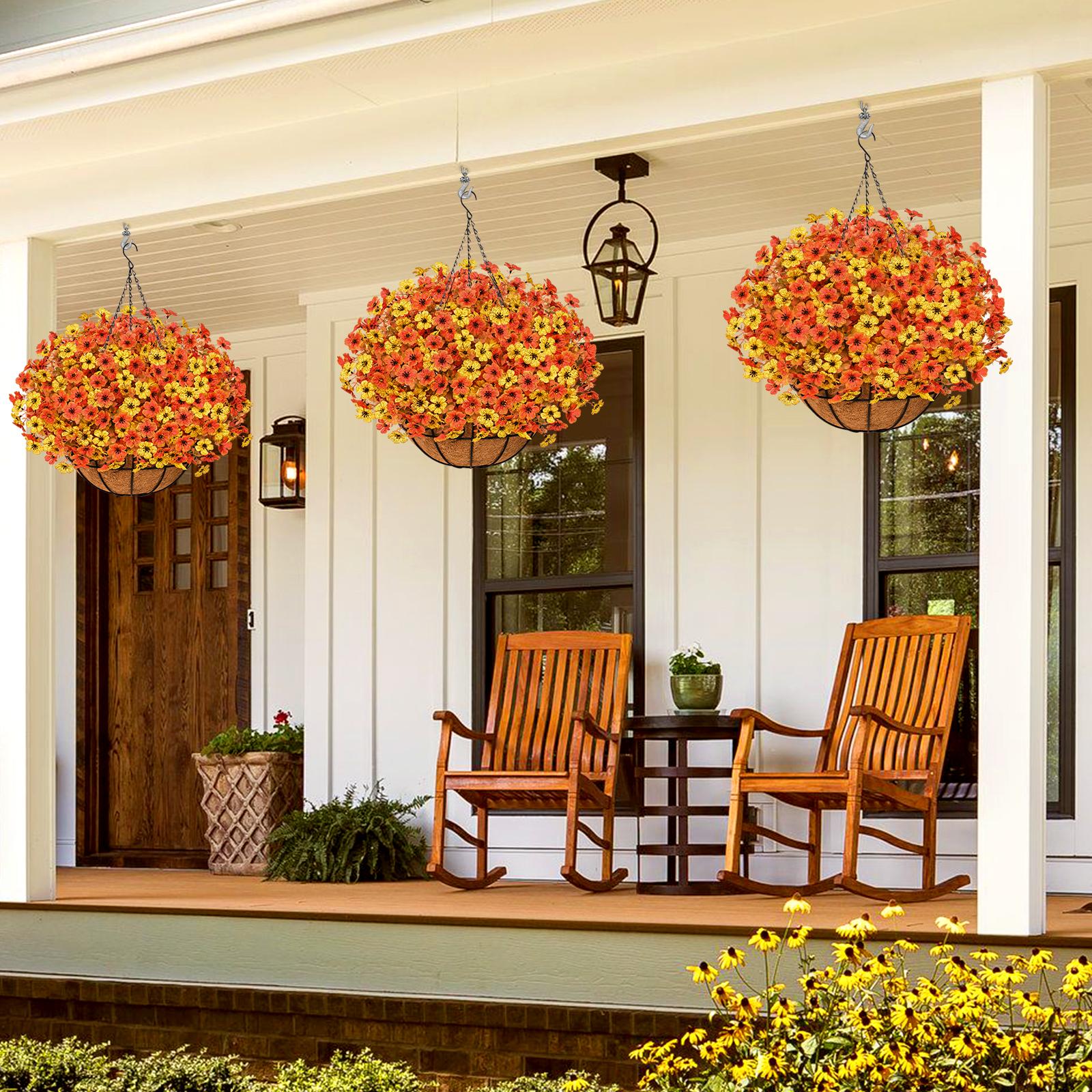 Artificial Fall Hanging Baskets for Outdoors Fake Hanging  Realistic UV Resistant Fall Flowers for Fall Decor Porch Patio Garden Decor OrangeYellow Decorative Fruit Nature Plants Yellow+Orange(12Pcs)