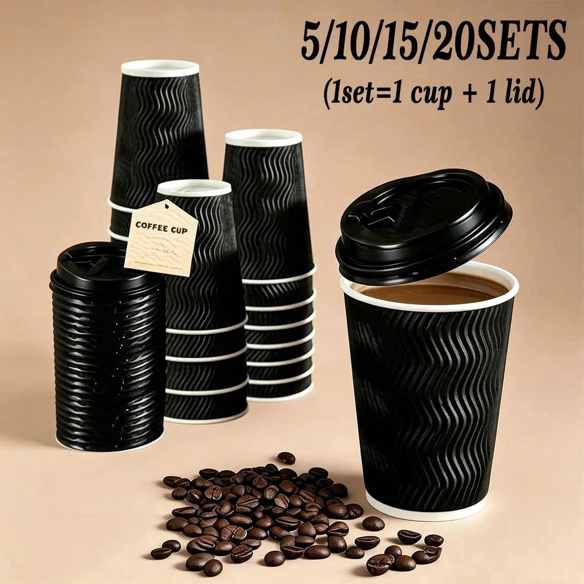 Paper Coffee Cup with Lid, Cup Set with Lid, Hot Drink Container for Parties, Bubble Tea, Coffee, Takeout, Travel