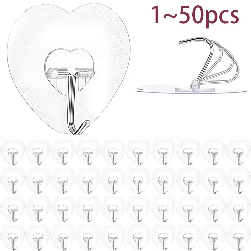 Transparent Heart-Shaped Strong Hook, Wall-Mounted Clothes Hanger, Waterproof Self-Adhesive Hook for Kitchen Keys, Glass Door, Ceiling Hooks