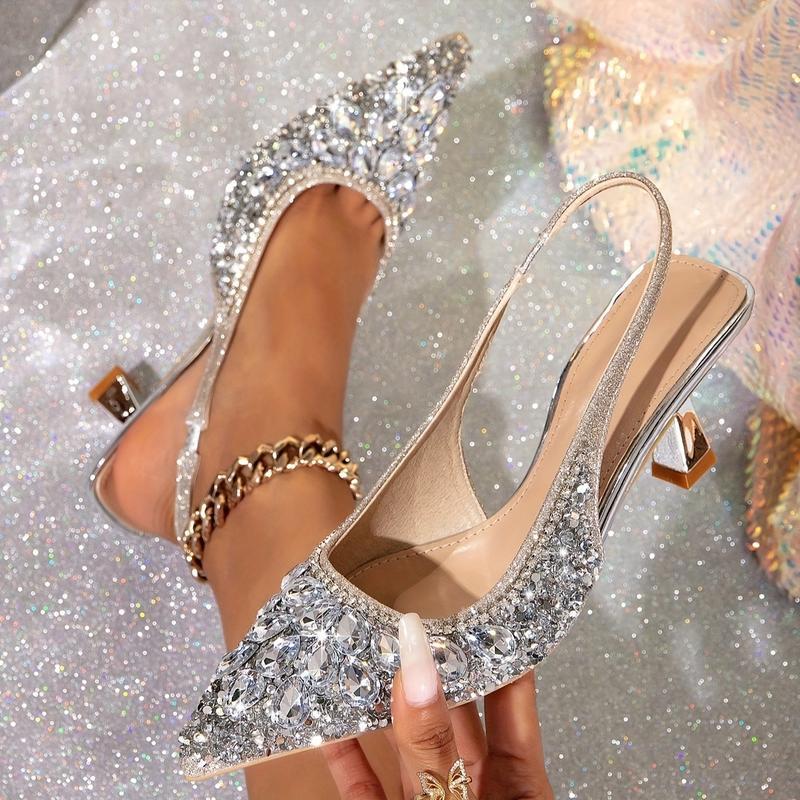 (New)Sexy Rhinestone High Heels - Single Shoes, European And American Pointed Shallow Mouth Sequins Slimming One-word Strap Sandals, Thin Heel Banquet Shoes