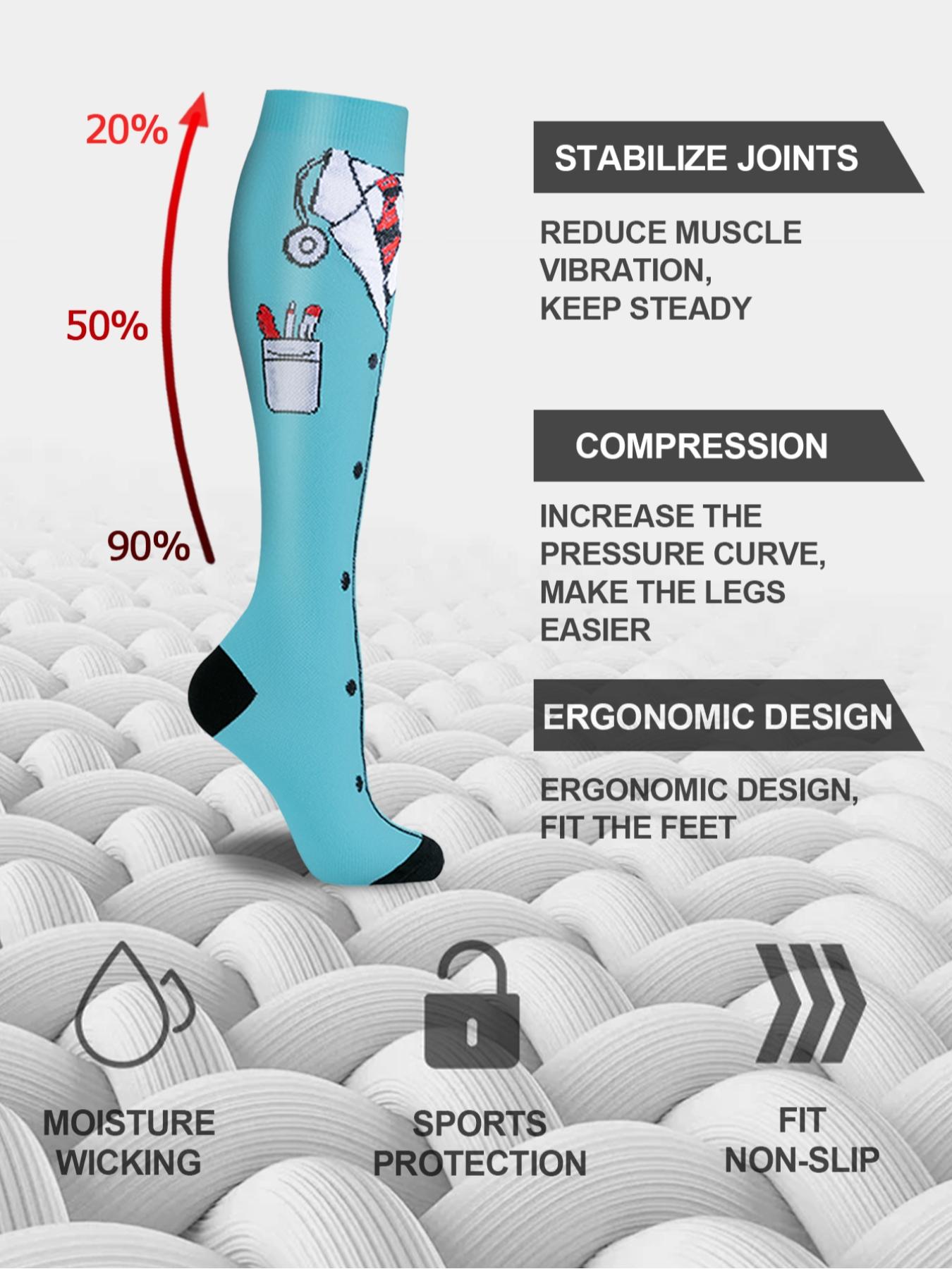 6 pairs of men's and women's compression socks wide calf booster socks, for circulation, running, nurses, pregnant women, various colour patterns available, gift for nurse doctor, Sports Athletic Socks