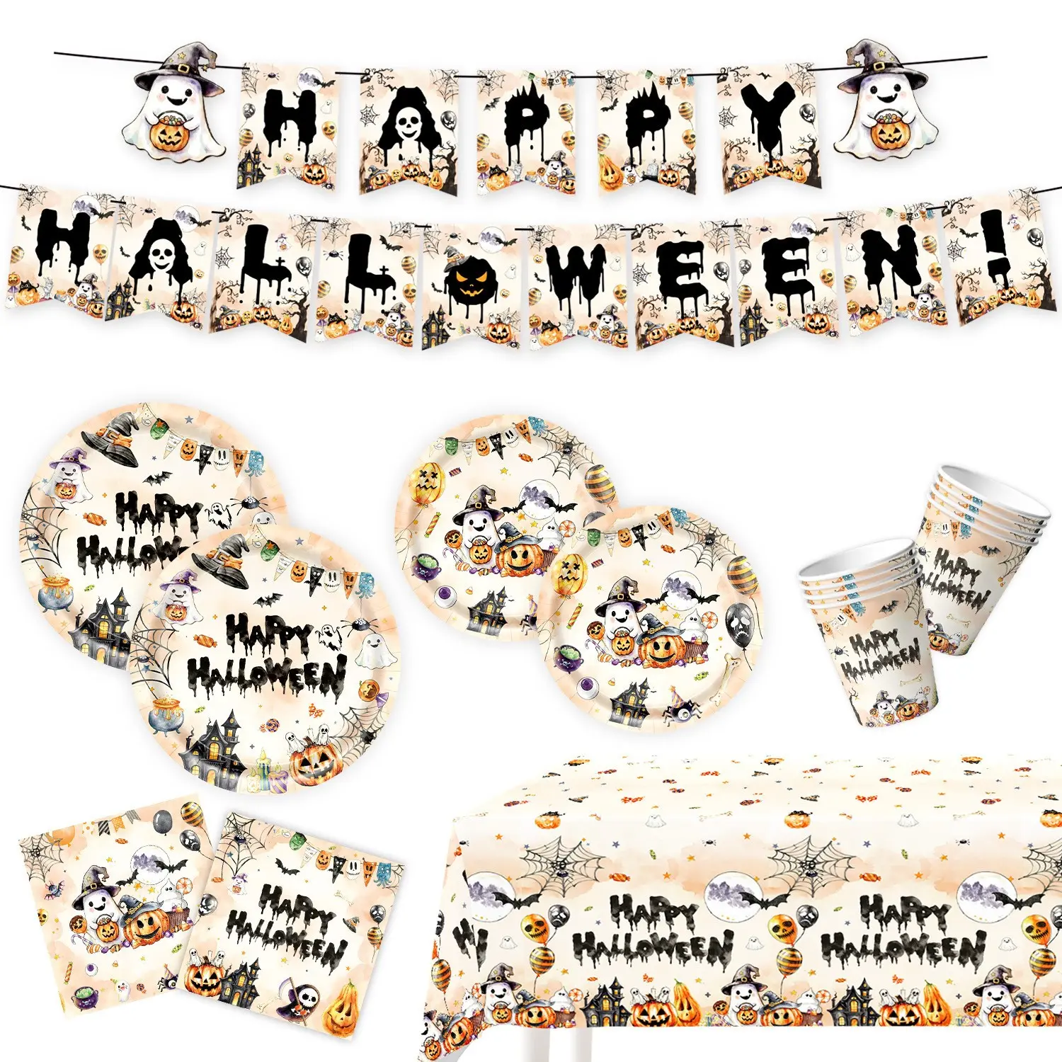 Halloween Party Supplies Set, Ghost Theme Decorations, Paper Plates and Cups, Pull Flags, Perfect for Halloween Parties