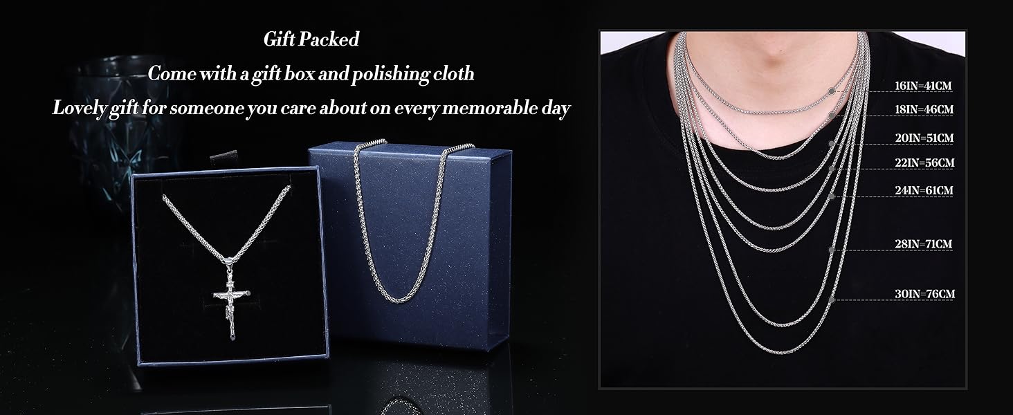 Besteel Silver Crucifix Pendant Necklace  for Women - Men's Sterling Silver Crucifix Necklace charm with Stainless Steel Rope Chain Catholic Baptism Jesus Cross Necklace Jewelry mens