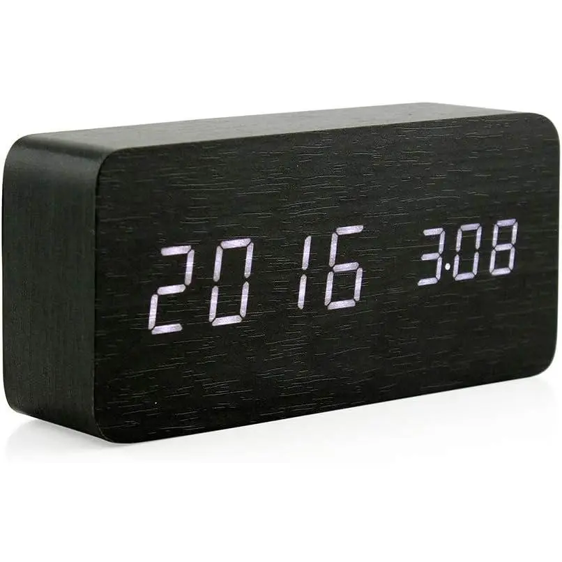 Wooden Digital  Clock, Multi-Function   Clock, LED Light  Clock with USB Power , Voice Control, Thermometer - Black