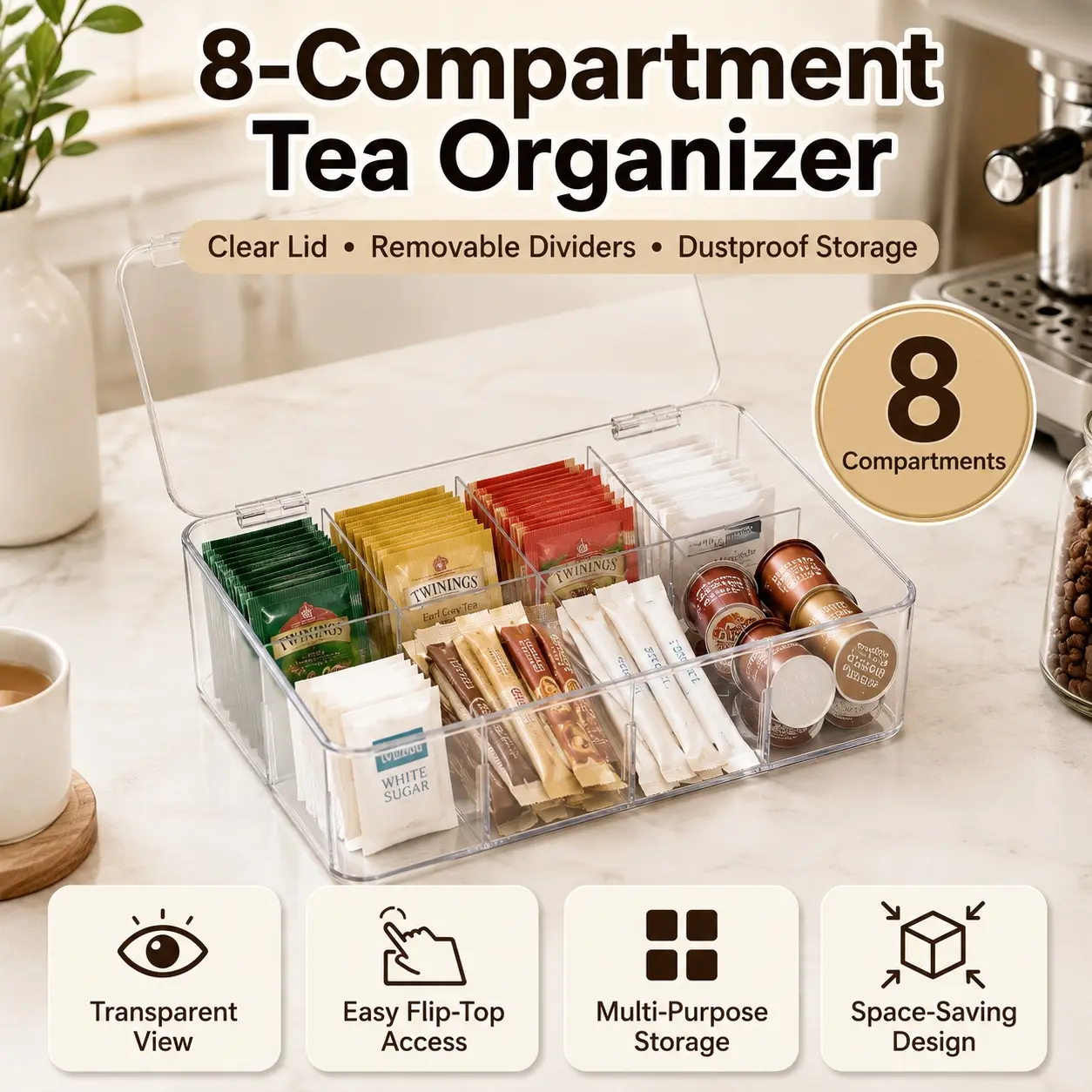 An 8-compartment Transparent Acrylic Organizer with Lid, Eco-Friendly Plastic Organizer for Tea Bags Coffee Pods Makeup Cosmetics Jewelry Cards Badges Collectibles,Dustproof Container ,Space Saving Drawer Organizer for Kitchen Vanity Office Countertop