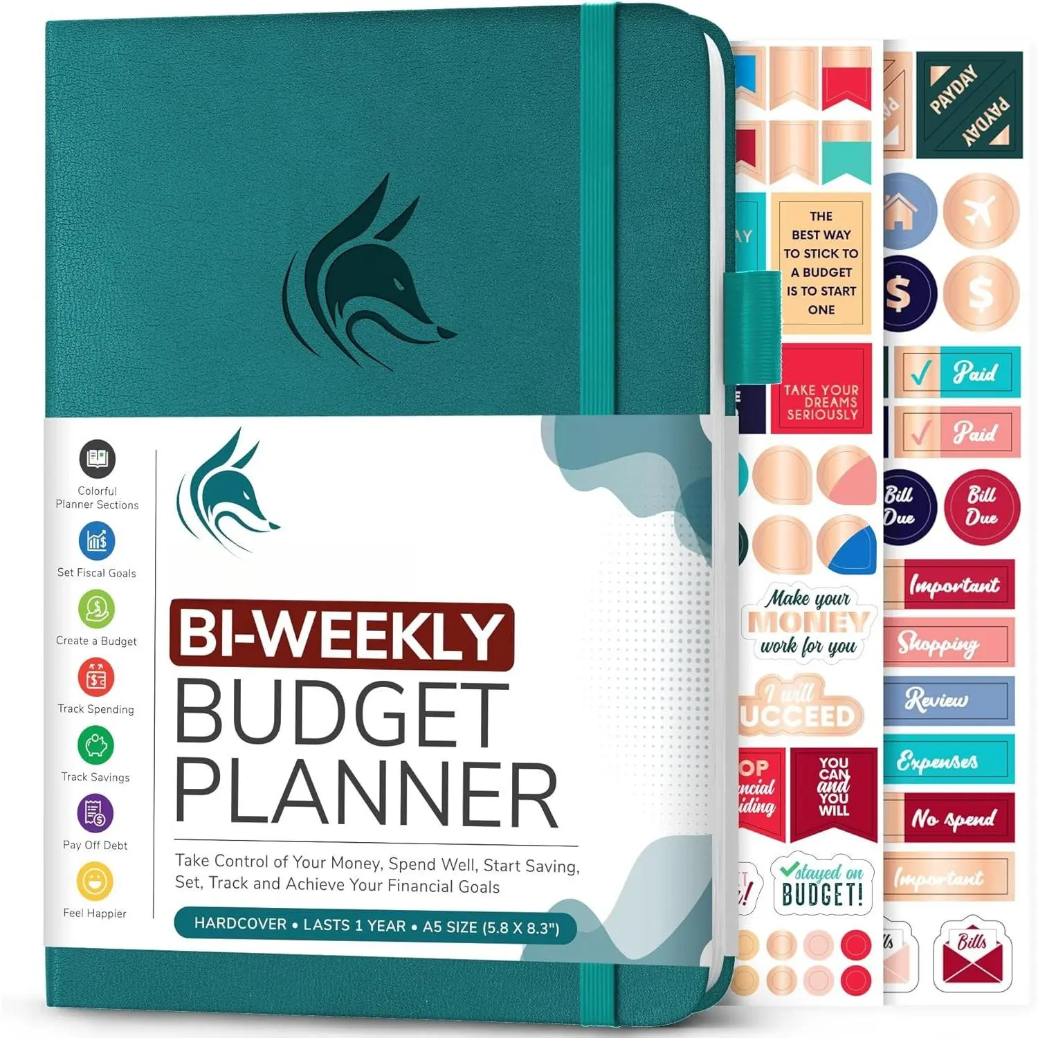 Biweekly Budget Planner, Financial Book Organizer Dark Teal | 5.8”x8.3” Undated paycheck & bill , Easy budgeting & finance workbook for beginners & family, Monthly calendars