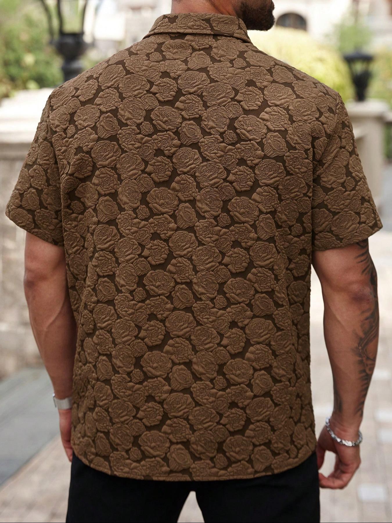 Men's Rose Print Short Sleeve Shirt, Casual Button Collared Loose Casual Soft Comfy Button Up Top for Summer, Men's Clothes for Daily Wear, Casual Menswear