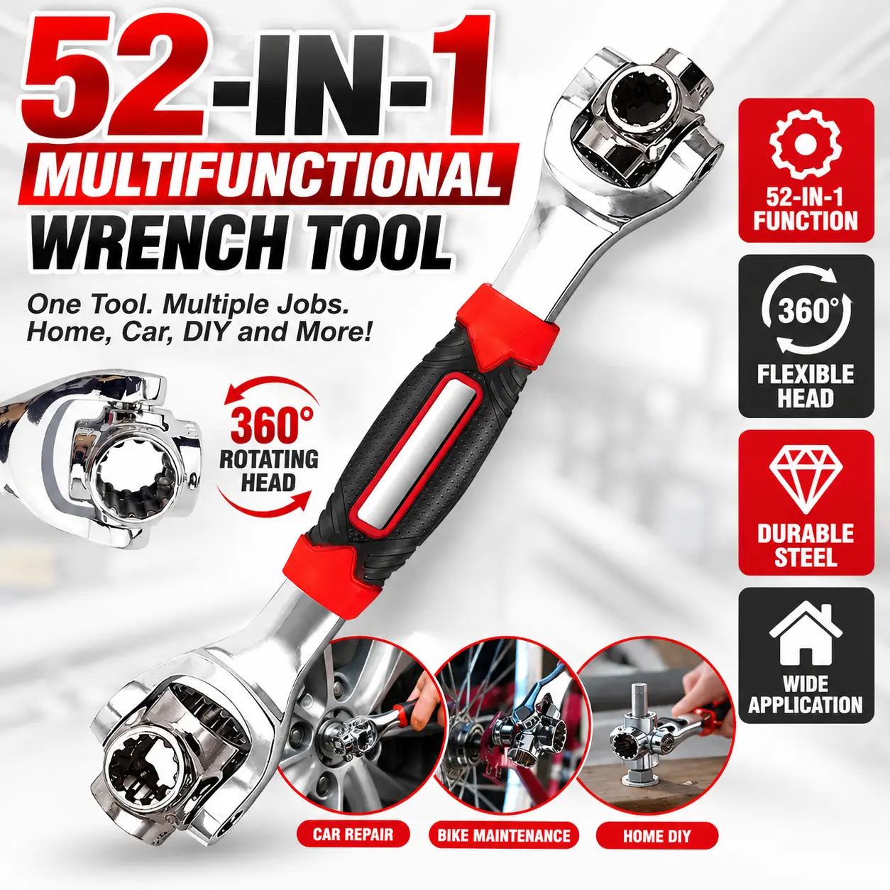 Multifunctional 52-in-1 Combination Wrench Tool, Universal Socket Spanner with Flexible 360-Degree Rotating Head, Compact Multi-Size Repair Wrench for Car Maintenance, Household Repairs, Mechanical Work & Everyday DIY Tasks