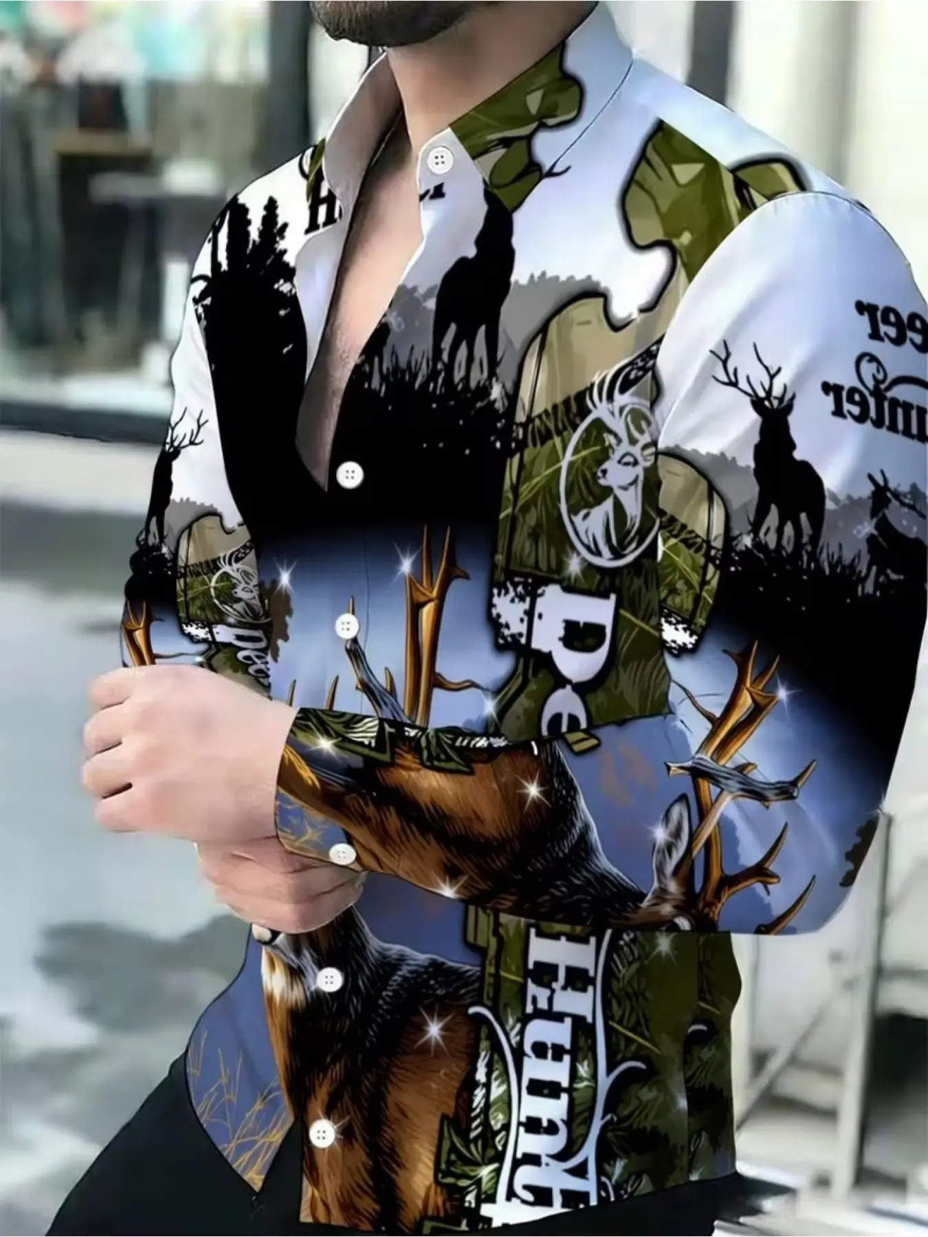 Men's Outdoor Reindeer Forest Print Long-Sleeve Shirt, Vintage Hunting Style Casual Trendy Collared Top