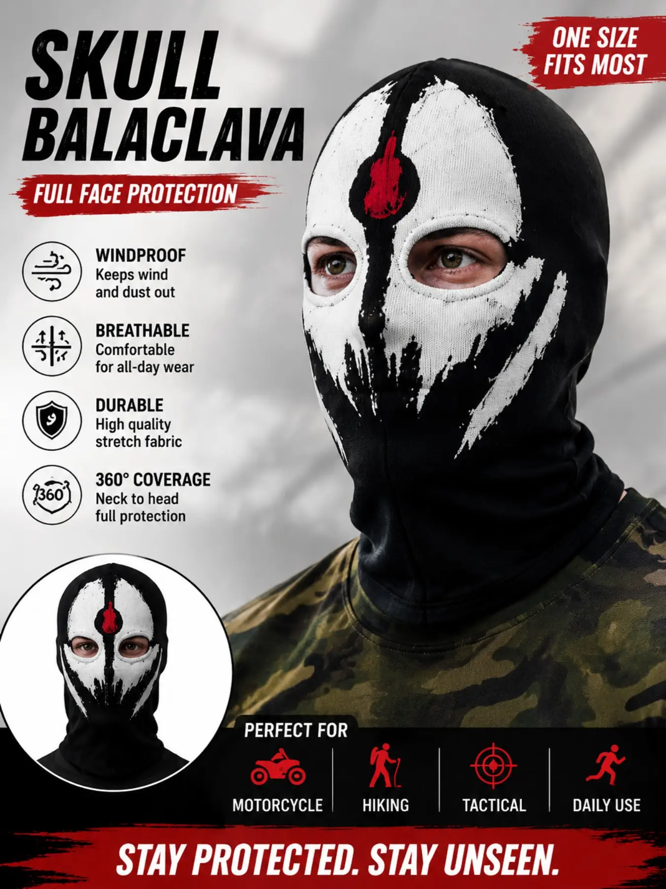 Skull Balaclava Mask for Men Women, Halloween Skeleton Ski Mask, Full Face Cover Windproof Tactical Mask, Outdoor Sports & Streetwear