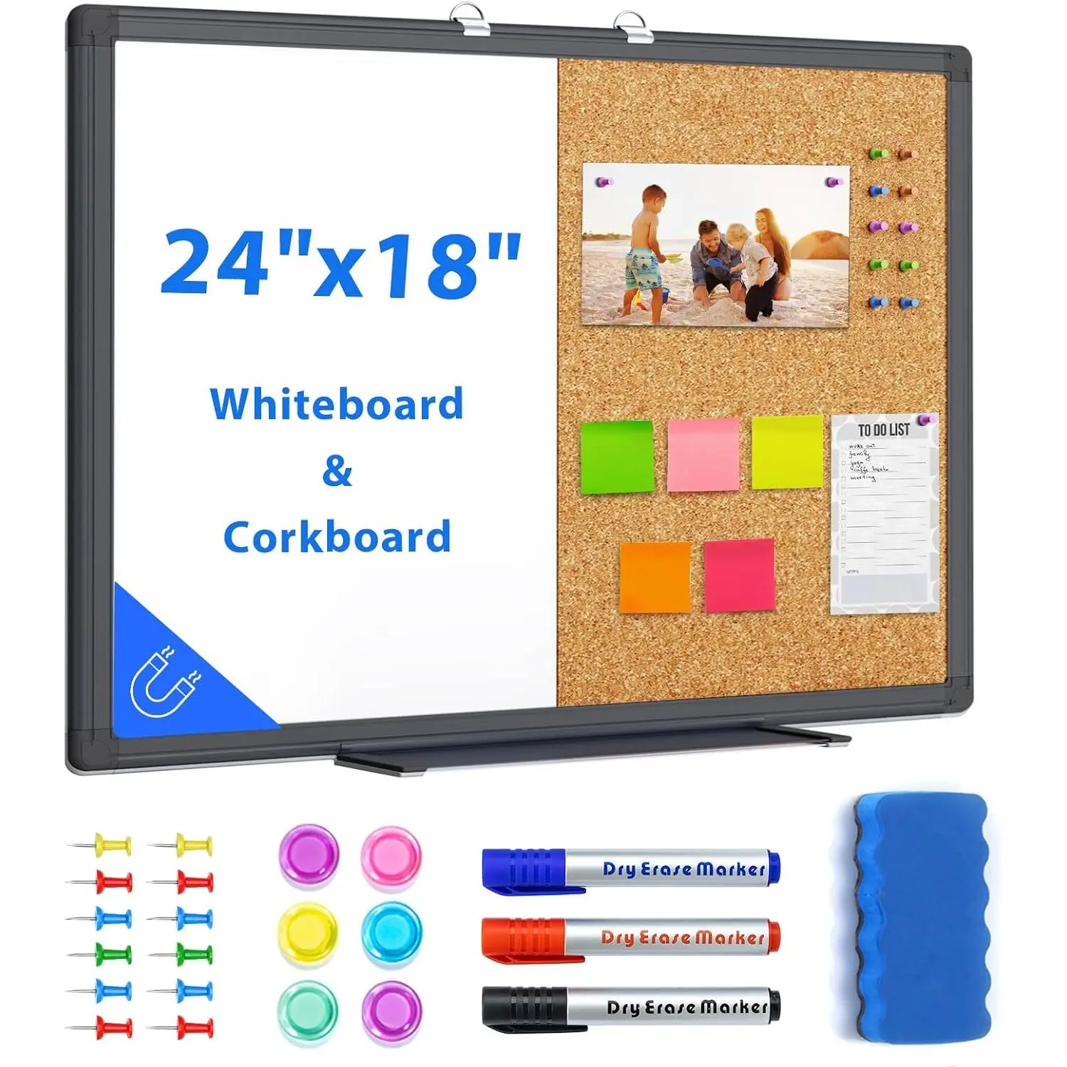 Black Whiteboard and Cork Board Combo 24 x 18 in, Wall Mounted |  Dry Erase Board And Cork Bulletin Board, Message Memo Board For , Office And Classroom